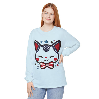 Cute Patriotic Cat Long Sleeve Women's T-Shirt, Fourth of July, Cat Lovers Gift, Casual Wear, Perfect for Holidays and Celebrations