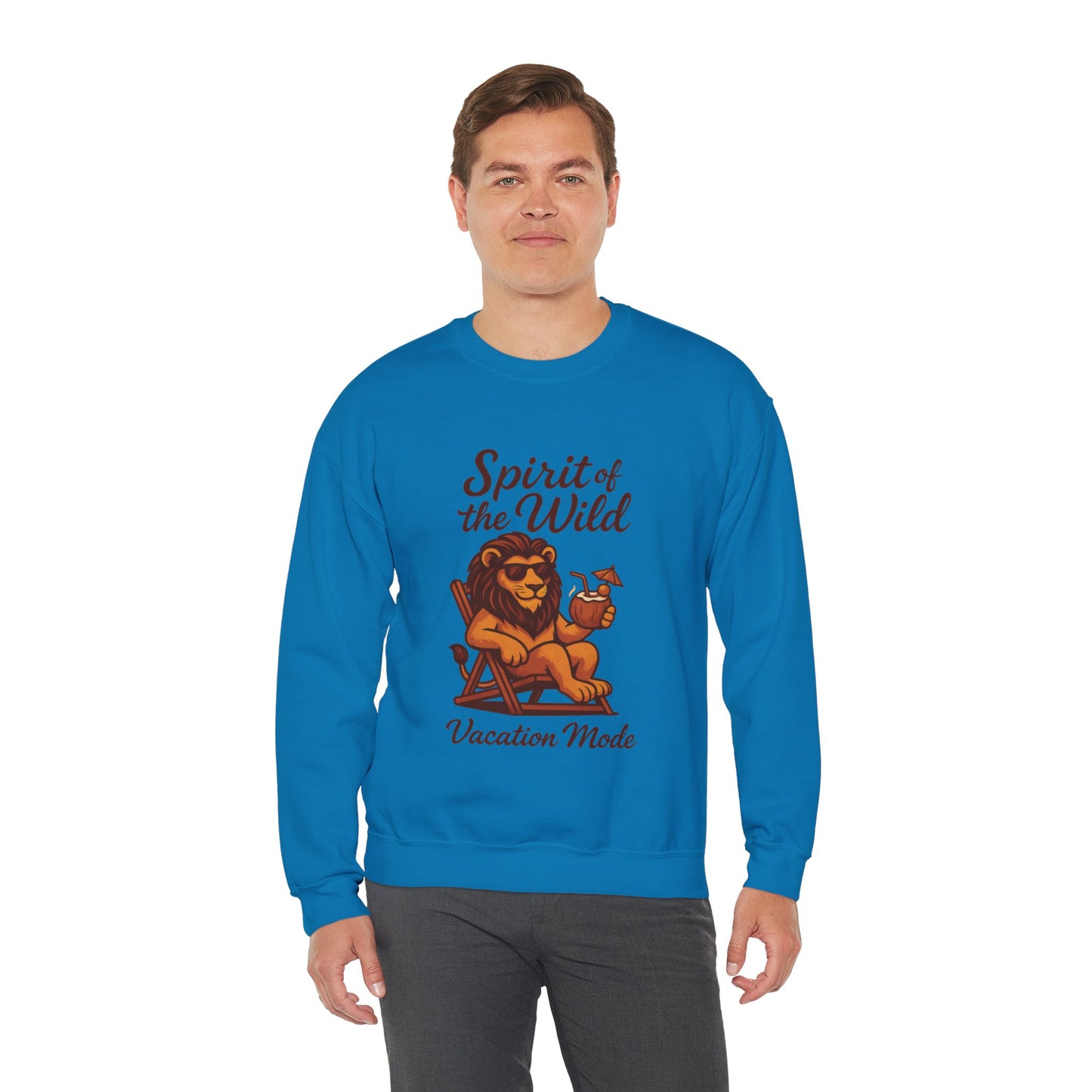 Spirit of the Wild Lion Mens Sweatshirt - Vacation Mode Funny Relaxed Jungle King Pullover,  Fun Gift for Travelers