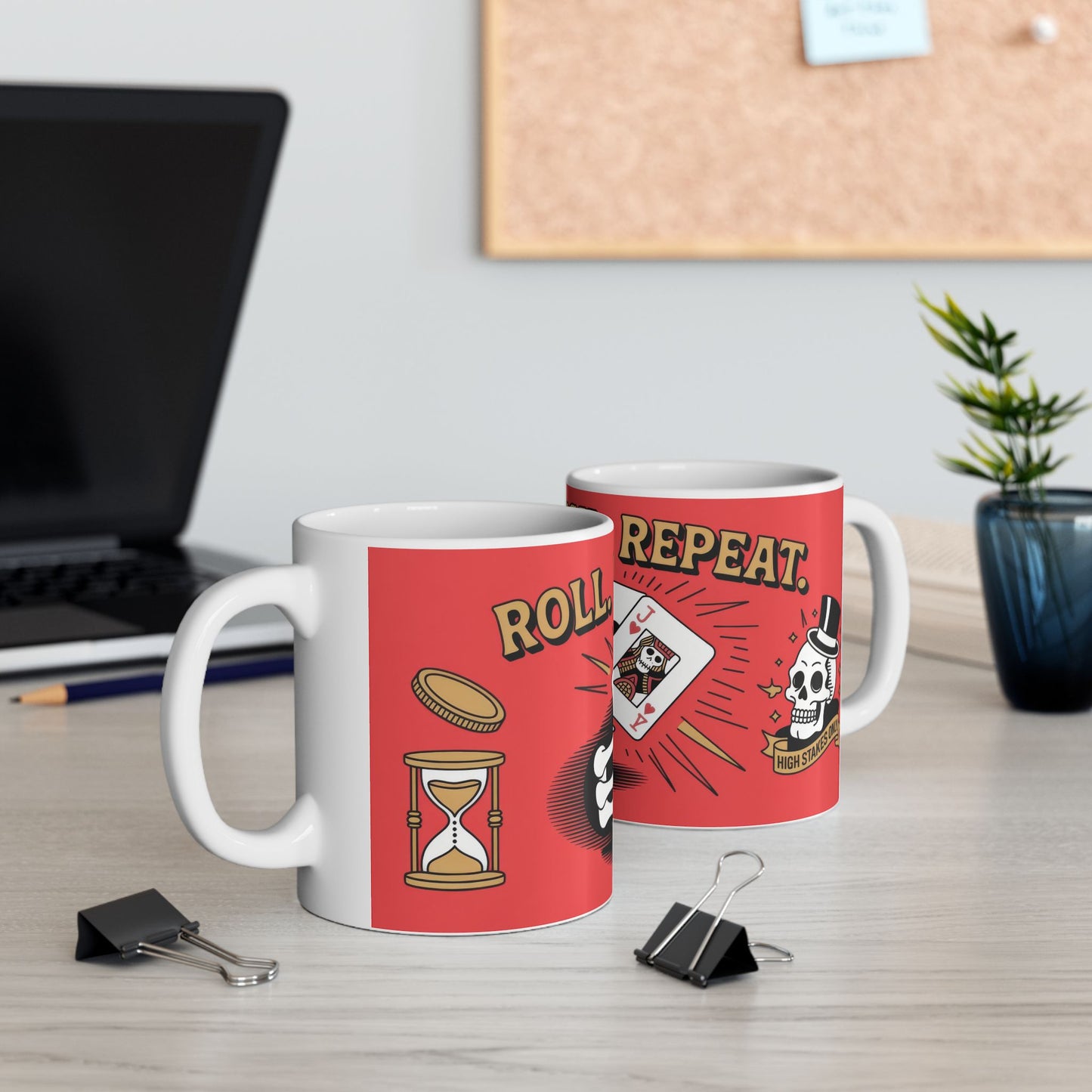 Roll Risk Repeat Poker Mug, Bold Tattoo Style Coffee Cup with Joker Card, Gambling Gift, Gothic Drinkware, Poker Lovers Mug