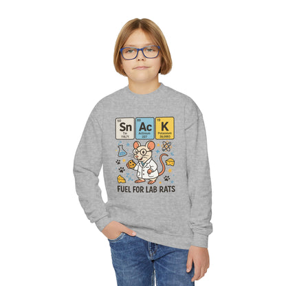 Youth Crewneck Sweatshirt - Fuel for Lab Rats, Cute Science Gift, Adorable Sweatshirt for Kids, Science Enthusiasts, Lab Rat Love