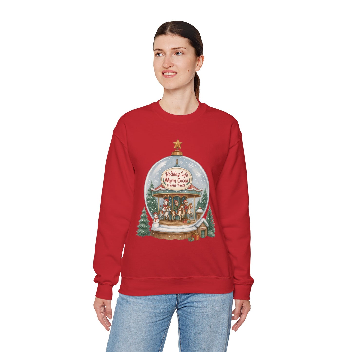 Holiday Café Christmas Sweatshirt, Warm Cocoa Snow Globe Pullover