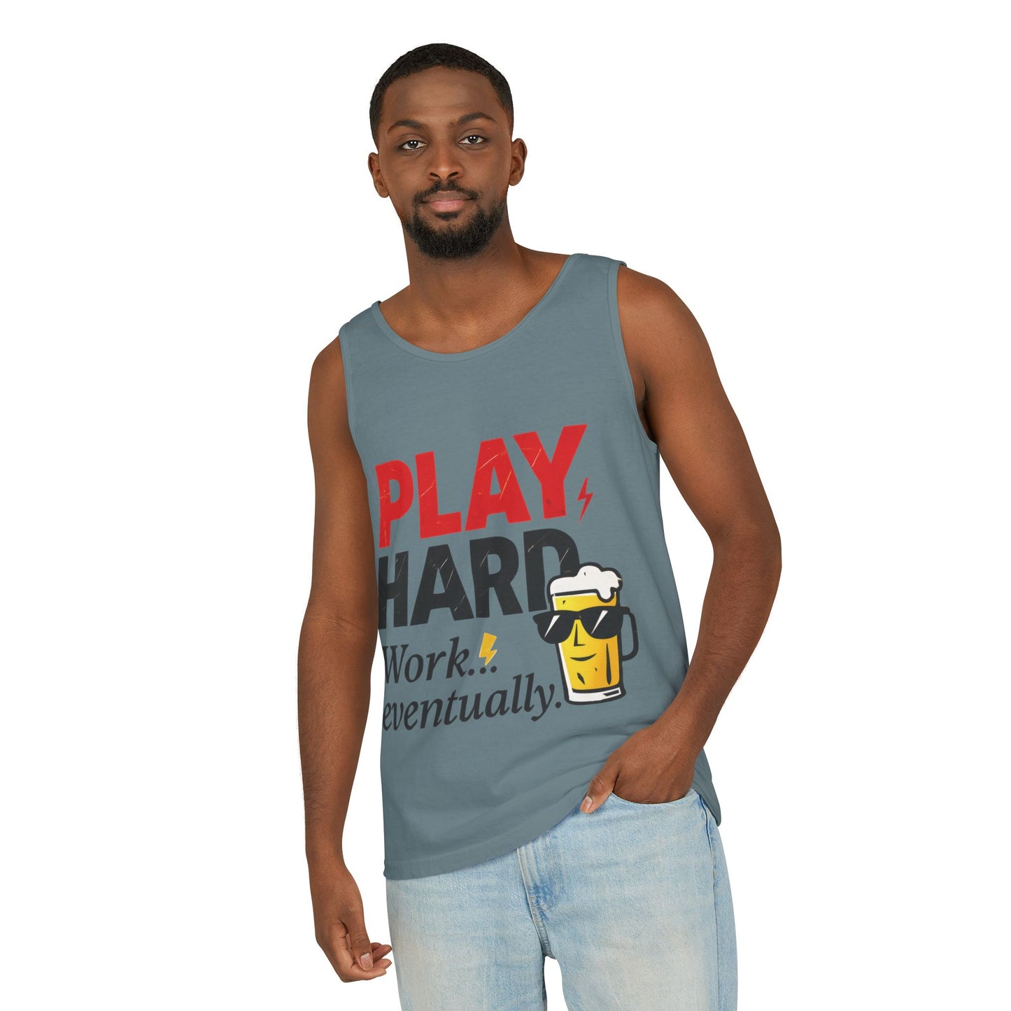 Casual Tank Top with Play Hard Print, Fun Summer Apparel, Gift for Dad or Friends, Beach Wear, Workout Top, Party Attire