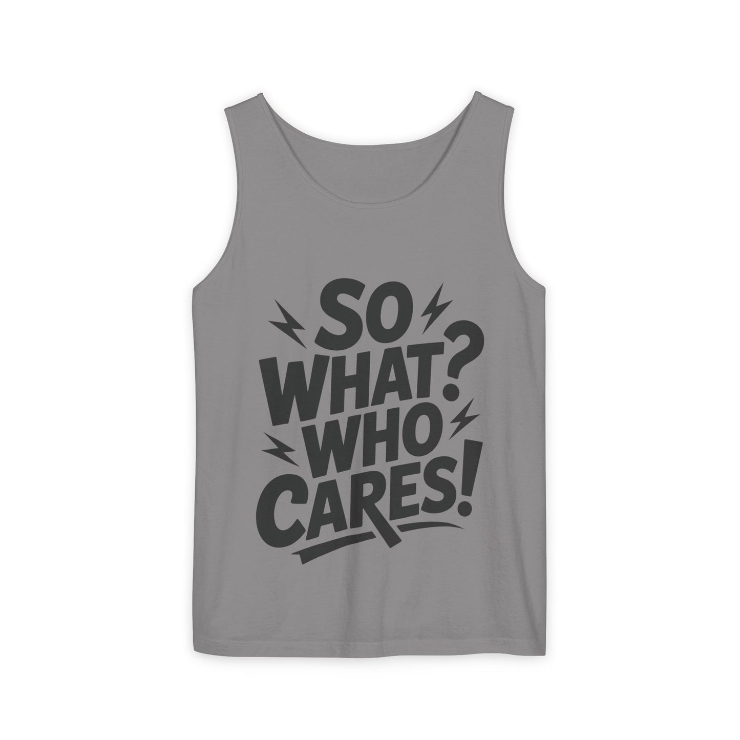 Mens Tank Top, "So What? Who Cares!", Casual Summer Wear, Beach Trip, Festival Outfit, Lightning Print, Sarcastic Summer Tee, Gym Tank