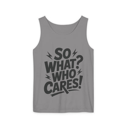 Mens Tank Top, "So What? Who Cares!", Casual Summer Wear, Beach Trip, Festival Outfit, Lightning Print, Sarcastic Summer Tee, Gym Tank