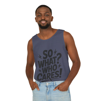Mens Tank Top, "So What? Who Cares!", Casual Summer Wear, Beach Trip, Festival Outfit, Lightning Print, Sarcastic Summer Tee, Gym Tank