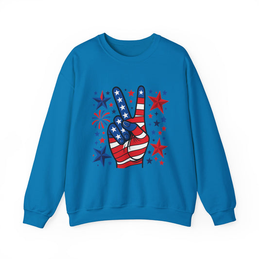 Patriotic Peace Crewneck Sweatshirt - Unisex Heavy Blend, 4th of July Clothing, Peace Sign Design, Casual Wear, Gift for Him/Her