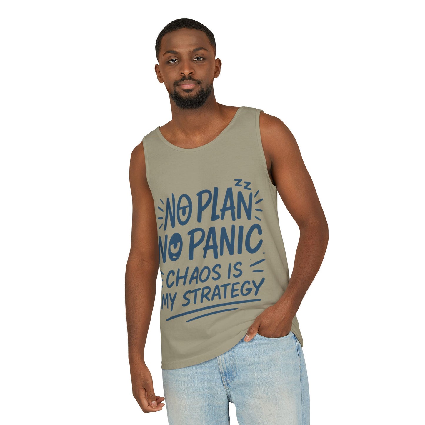 Funny Chaos Quote Mens Tank Top, No Plan No Panic Humor Shirt, Casual Graphic Tee Gift for Him, Relaxed Fit, Workout Gym Humor Shirt