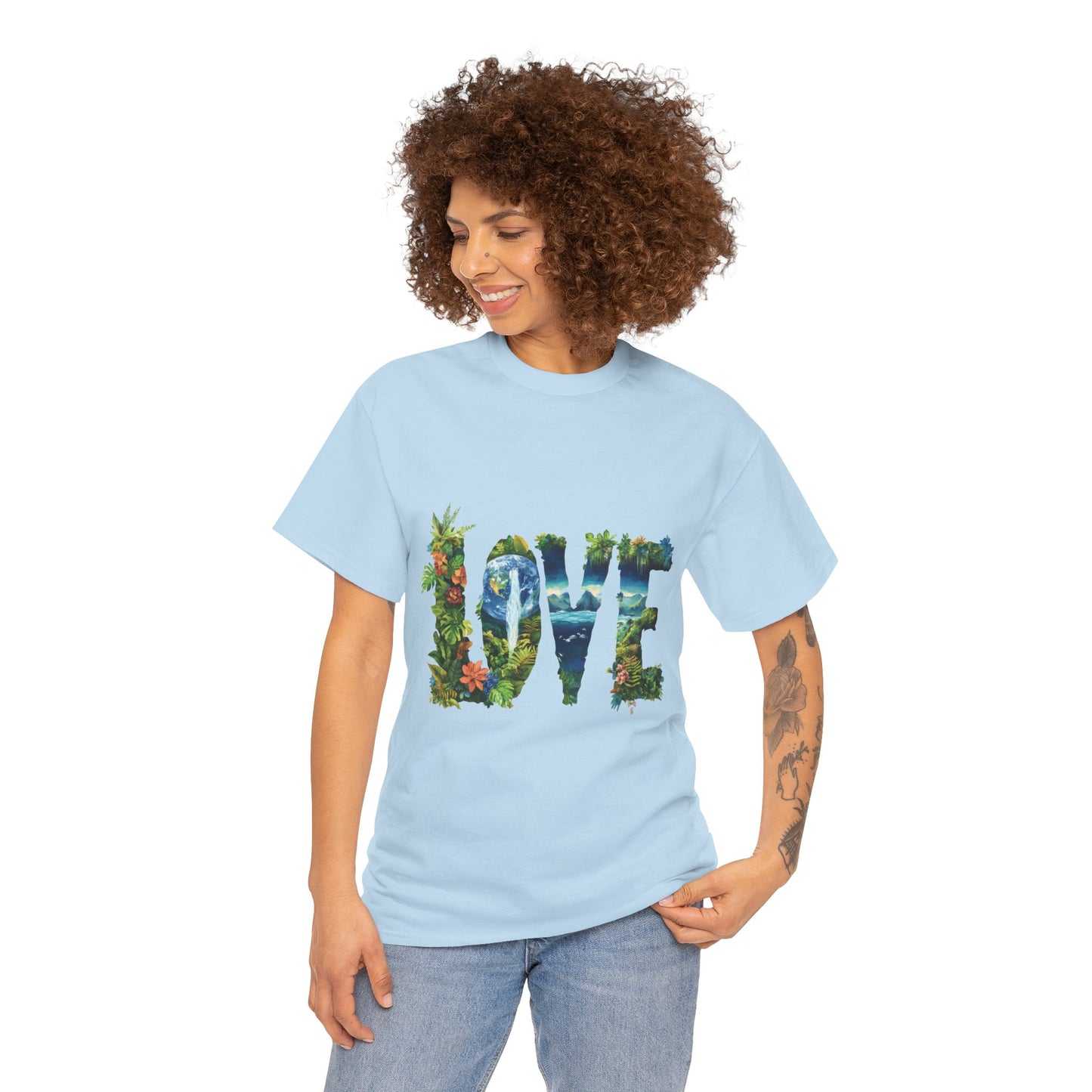 LOVE Nature Art Womens Heavy Cotton Tee, Earth Day Jungle Forest Graphic T-Shirt, Eco Friendly Gift Shirt, Nature-Inspired Love Tee