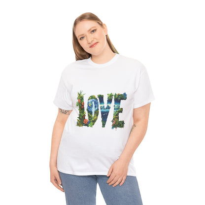 LOVE Nature Art Womens Heavy Cotton Tee, Earth Day Jungle Forest Graphic T-Shirt, Eco Friendly Gift Shirt, Nature-Inspired Love Tee