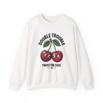 Double Trouble Cherry Sweatshirt, Cute Funny Womens Pullover, Twice The Sass Fruit Graphic Sweater, Playful Red Cherry Crewneck