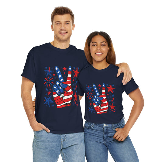 Patriotic Peace Hand Unisex Heavy Cotton Tee - Ideal for July 4th, Independence Day, Celebrations, Casual Wear, Everyday Style