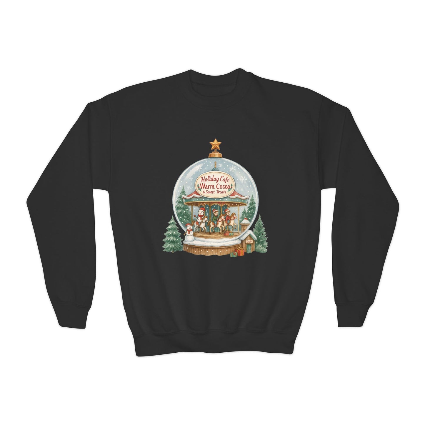 Youth Holiday Café Christmas Sweatshirt, Warm Cocoa Snow Globe Jumper