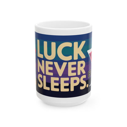 LUCK NEVER SLEEPS Mug, Retro Vegas Slot Machine Coffee Cup, Casino Gift, Gambling Lover Gift Idea, Perfect for Gamers, Poker Nights