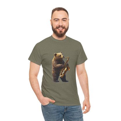 Saxophone Bear Unisex Heavy Cotton Tee, Music Lover Shirt, Gift for Musicians, Cute Animal Tee, Fun Jazz T-Shirt