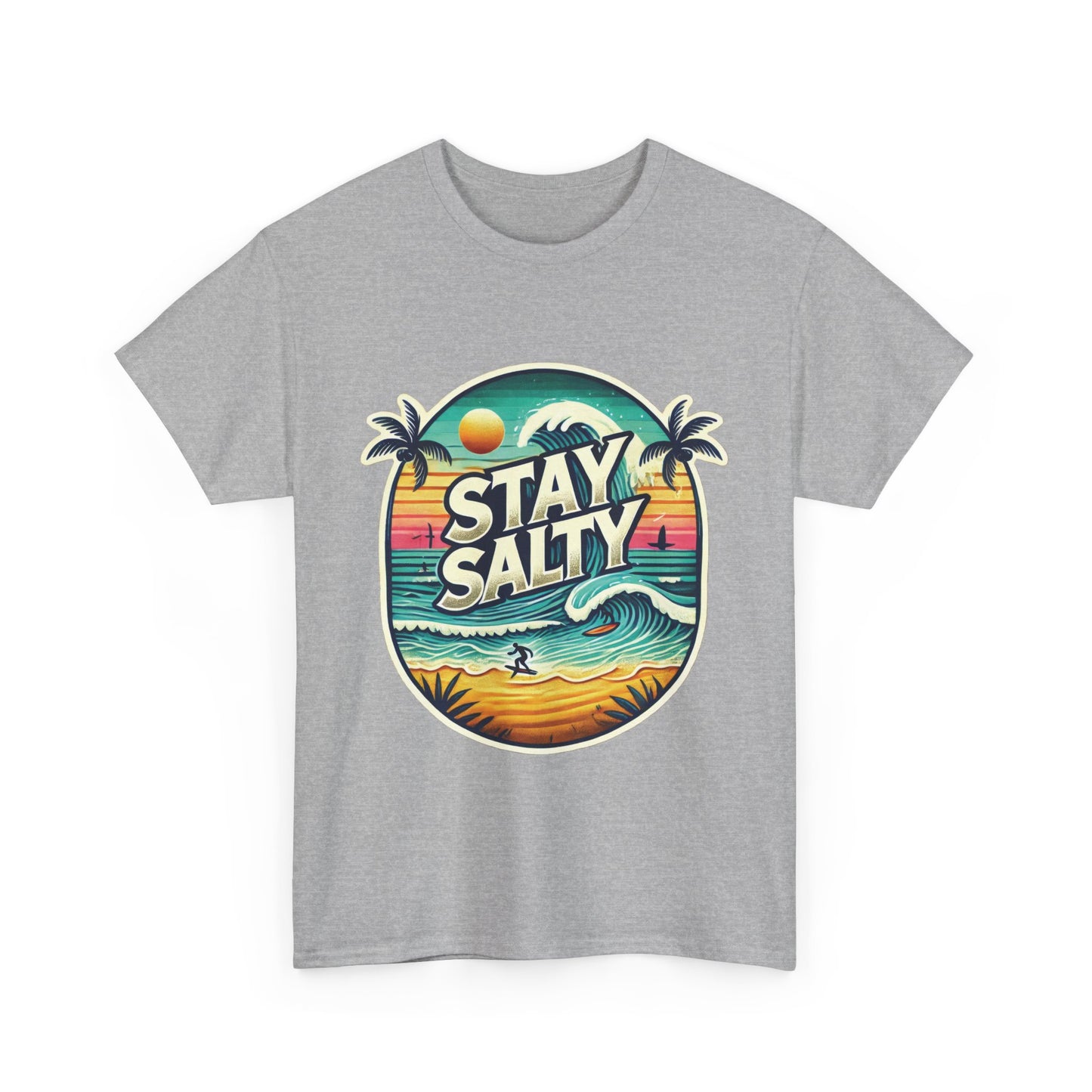 Stay Salty Retro Surf Unisex Heavy Cotton Tee, Vintage Beach Sunset Graphic T-Shirt, Summer Ocean Wave Surfer Shirt, Ocean Lover Gift