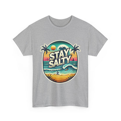 Stay Salty Retro Surf Unisex Heavy Cotton Tee, Vintage Beach Sunset Graphic T-Shirt, Summer Ocean Wave Surfer Shirt, Ocean Lover Gift