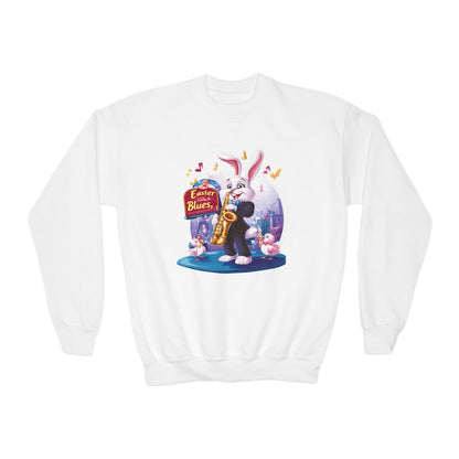 Jazz Bunny Easter Kids Sweatshirt - Cute Saxophone Playing Bunny Design, Fun Spring Crewneck, Holiday Gift for Boys and Girls