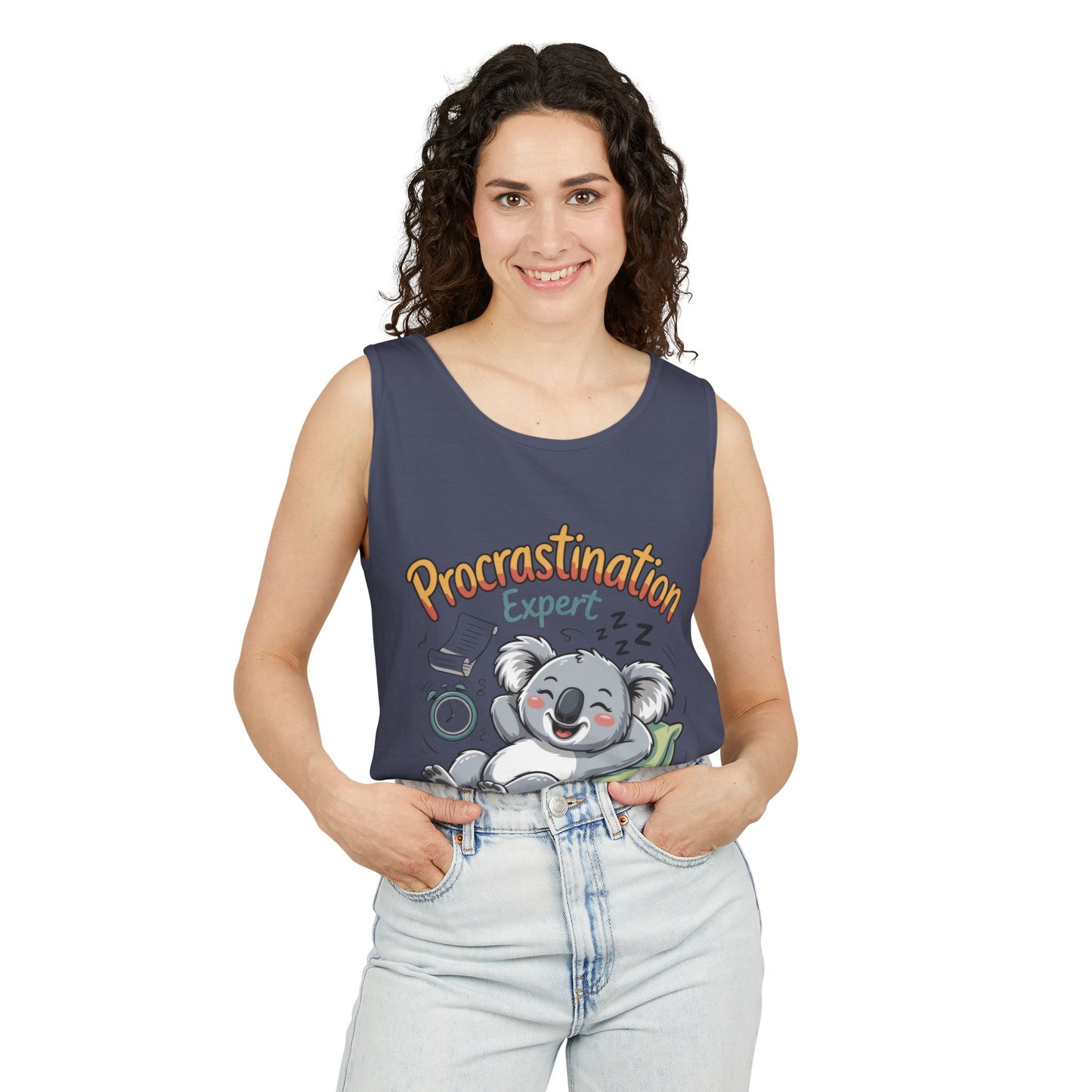 Procrastination Expert Womens Tank Top, Funny Gift for Lazy Days, Relaxed Fit Tee, Casual Summer Wear, Koala Graphic Top, Motivational Apparel