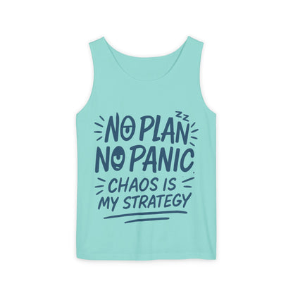 Funny Chaos Quote Mens Tank Top, No Plan No Panic Humor Shirt, Casual Graphic Tee Gift for Him, Relaxed Fit, Workout Gym Humor Shirt