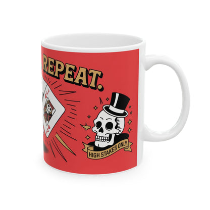 Roll Risk Repeat Poker Mug, Bold Tattoo Style Coffee Cup with Joker Card, Gambling Gift, Gothic Drinkware, Poker Lovers Mug