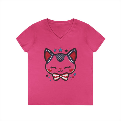 Cute Patriotic  V-Neck T-Shirt, Women's Graphic Tee, Perfect for Cat Lovers, Perfect for Holidays and Fourth of July Celebrations