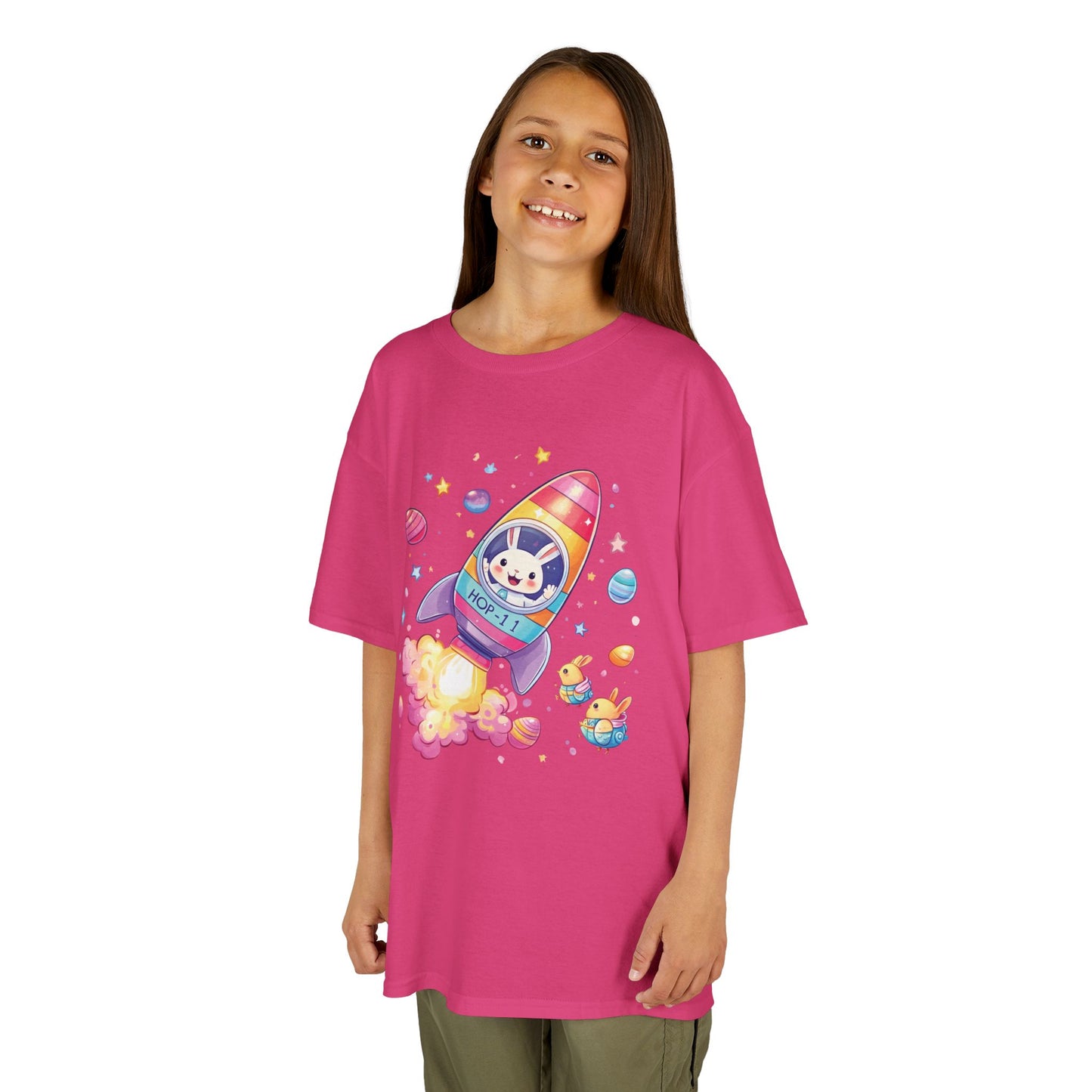 Easter Astronaut Bunny Kids T-Shirt - Cute Space Rocket Bunny with Colorful Eggs, Fun Spring Tee for Boys and Girls, Holiday Gift Idea