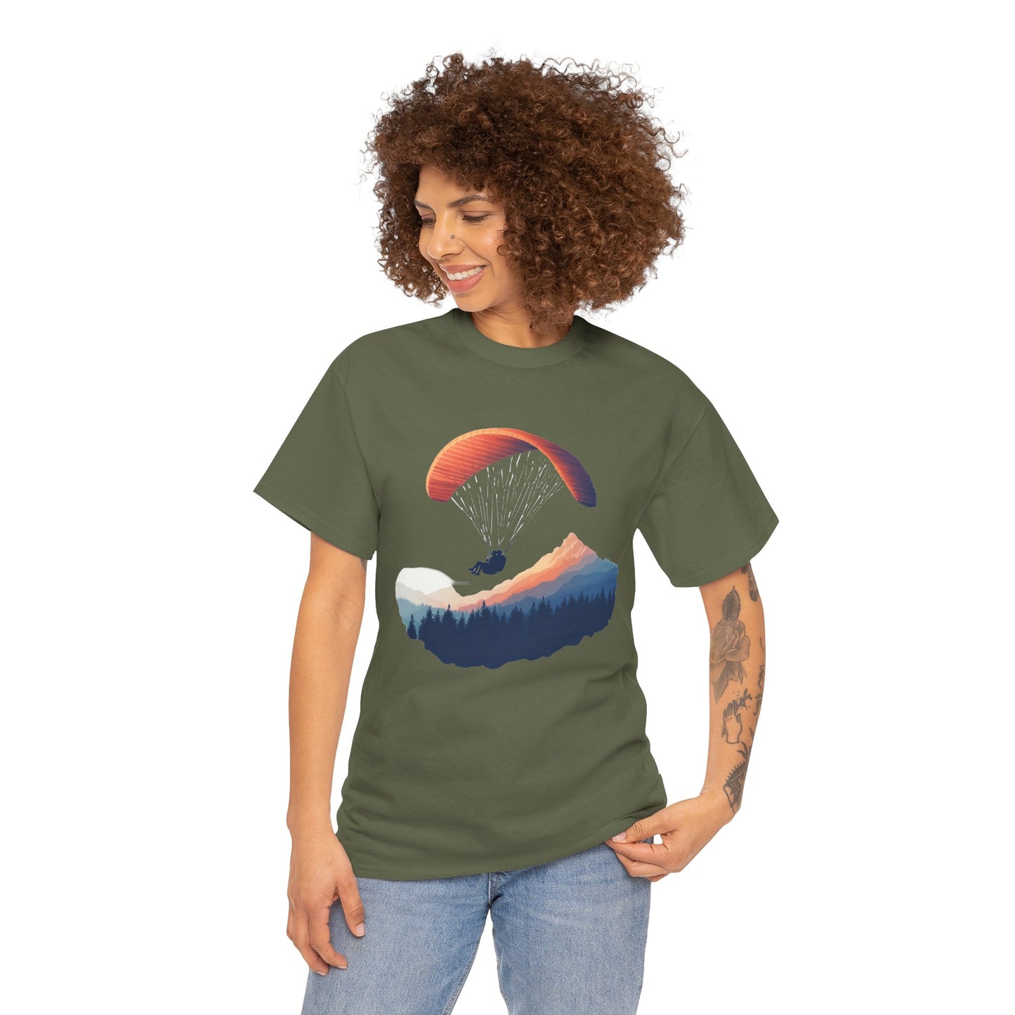 Paragliding Adventure T-Shirt, Mountain Landscape Tee, Nature Travel Lover Shirt, Outdoor Hiking Gift, Unisex Heavy Cotton Tee