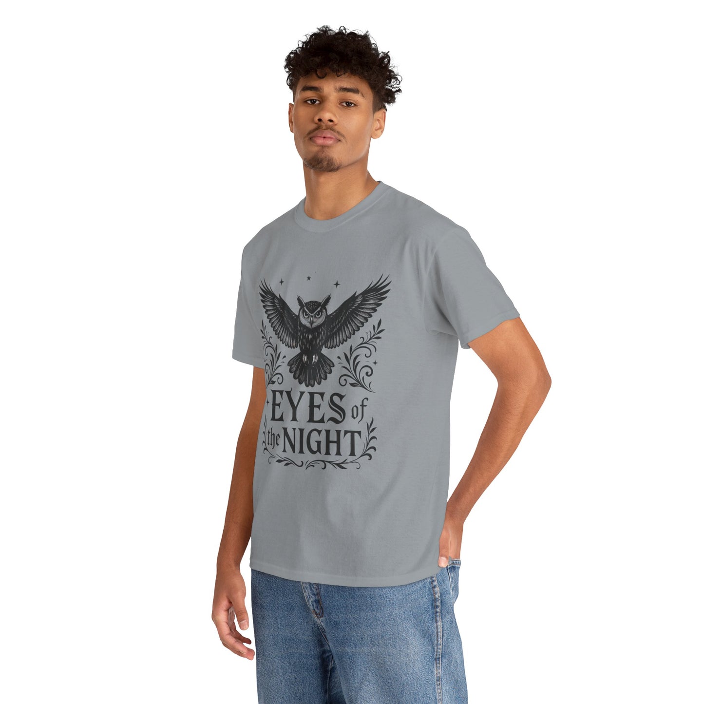Cool Owl Graphic Unisex Heavy Cotton Tee, Flying Owl Art T-Shirt, Animal Print Tee, Gothic Bird Graphic Tee, Mens Gothic Style Shirt