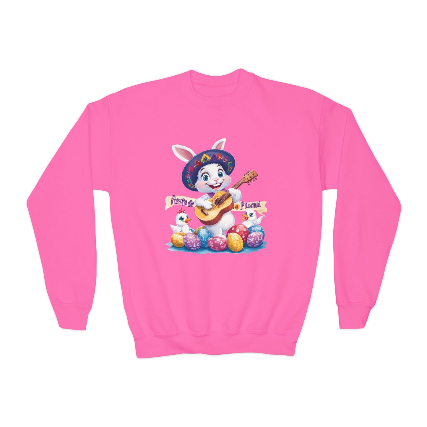 Fiesta de Pascua Bunny Sweatshirt - Mexican Easter Crewneck for Kids, Cute Spring Gift with Guitar Playing Bunny and Colorful Eggs