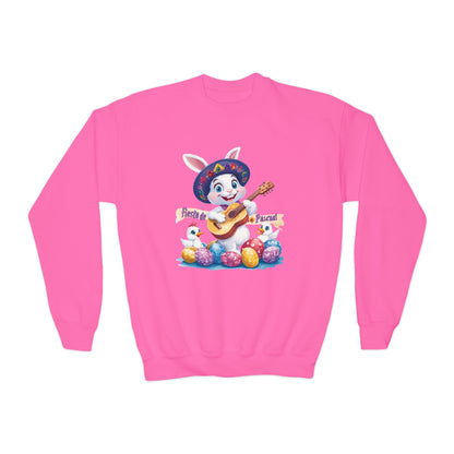 Fiesta de Pascua Bunny Sweatshirt - Mexican Easter Crewneck for Kids, Cute Spring Gift with Guitar Playing Bunny and Colorful Eggs