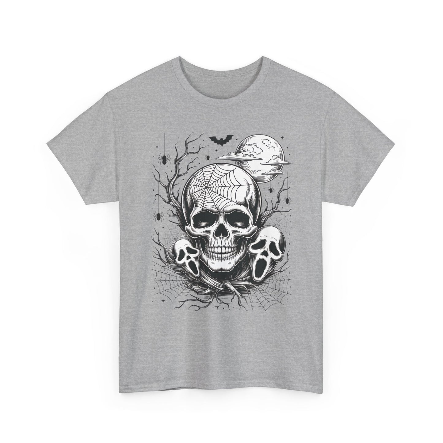 Men's Gothic Skull T-Shirt, Halloween Graphic Tee, Spider Web & Moon Horror Shirt, Spooky Skull Graphic Top for Him
