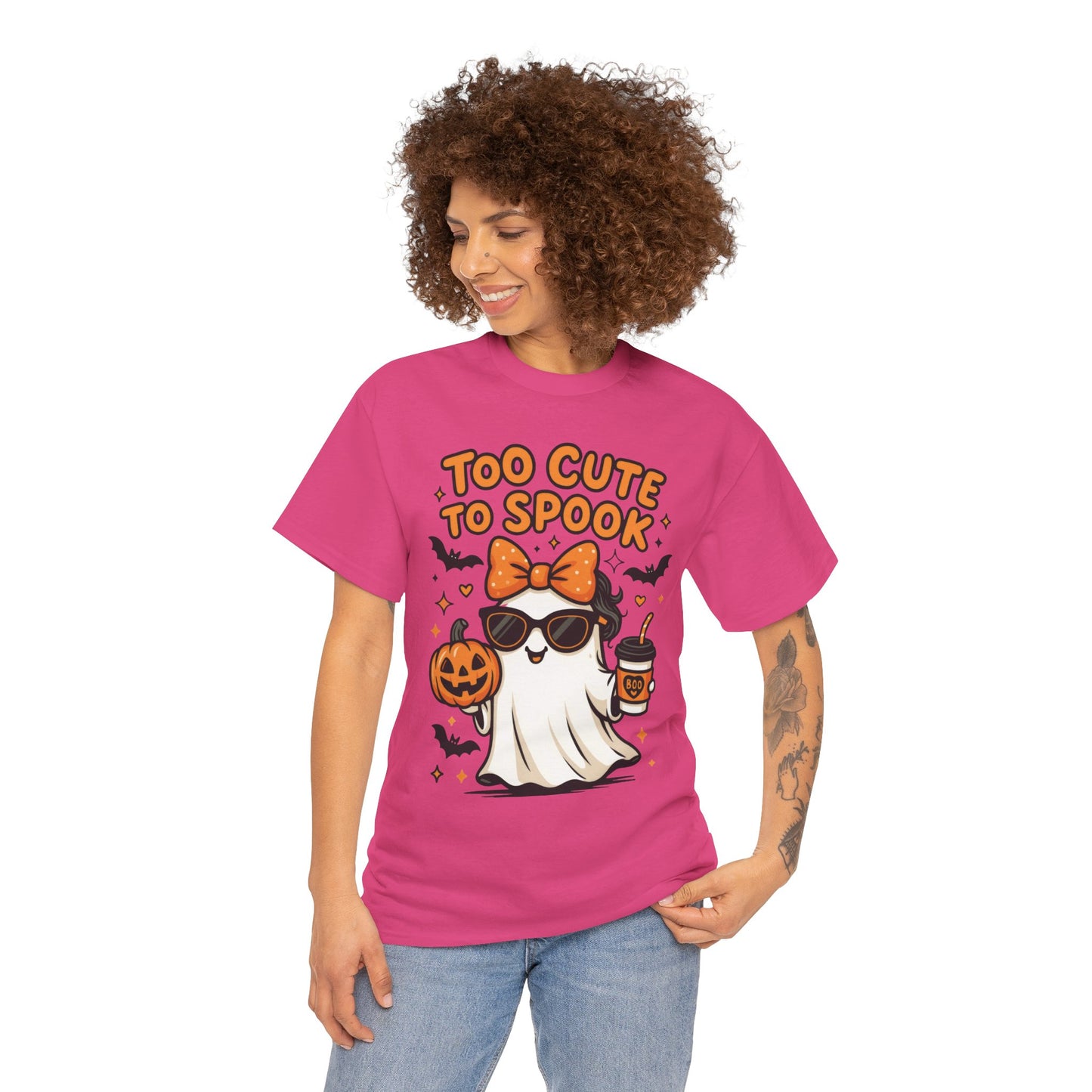 Too Cute To Spook Women's T-Shirt, Cute Ghost Pumpkin Coffee Halloween Graphic Tee