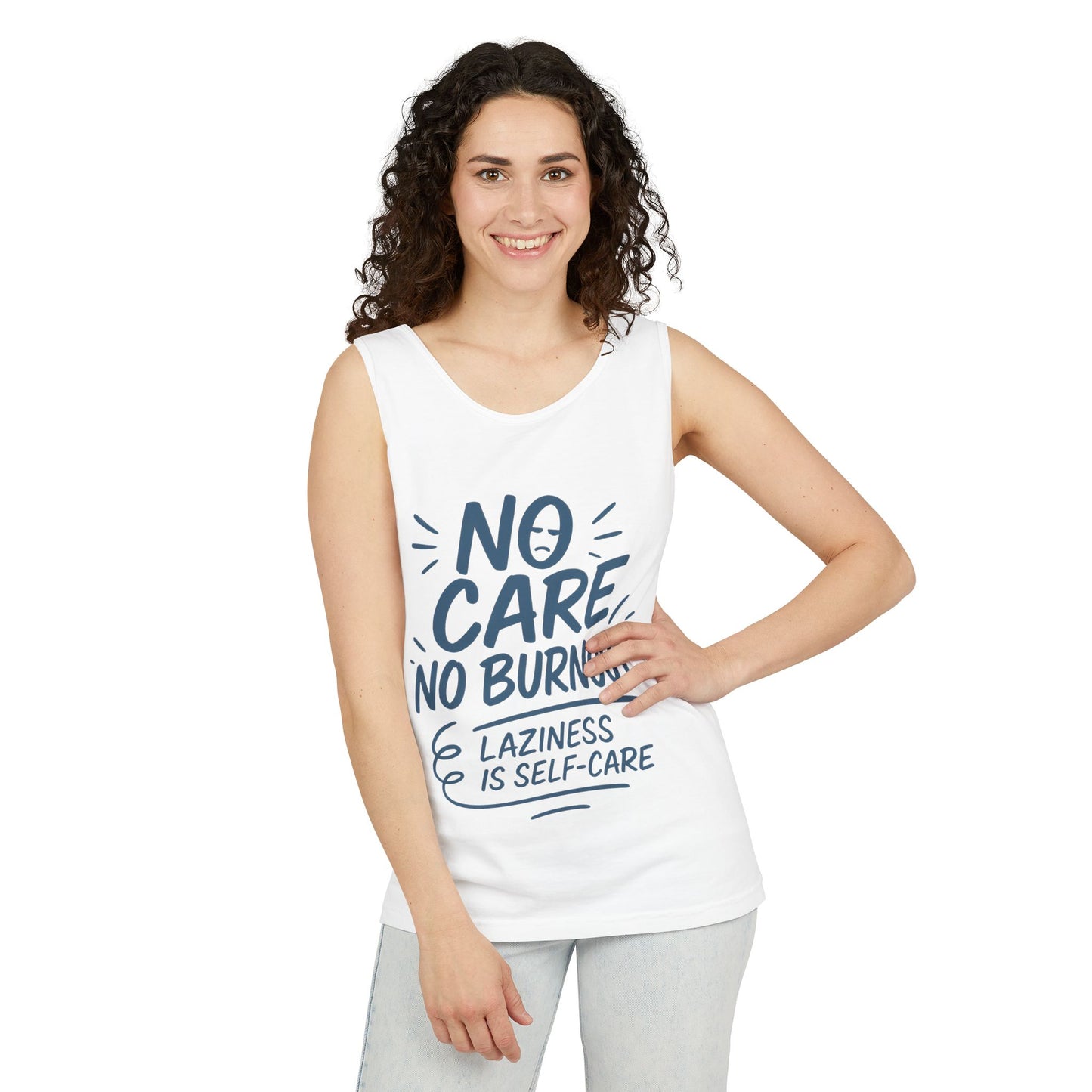 No Care No Burnout Womens Tank Top, Funny Self-Care Quote, Lazy Life Gym Workout Shirt, Casual Sleeveless Top, Relaxed Summer Apparel
