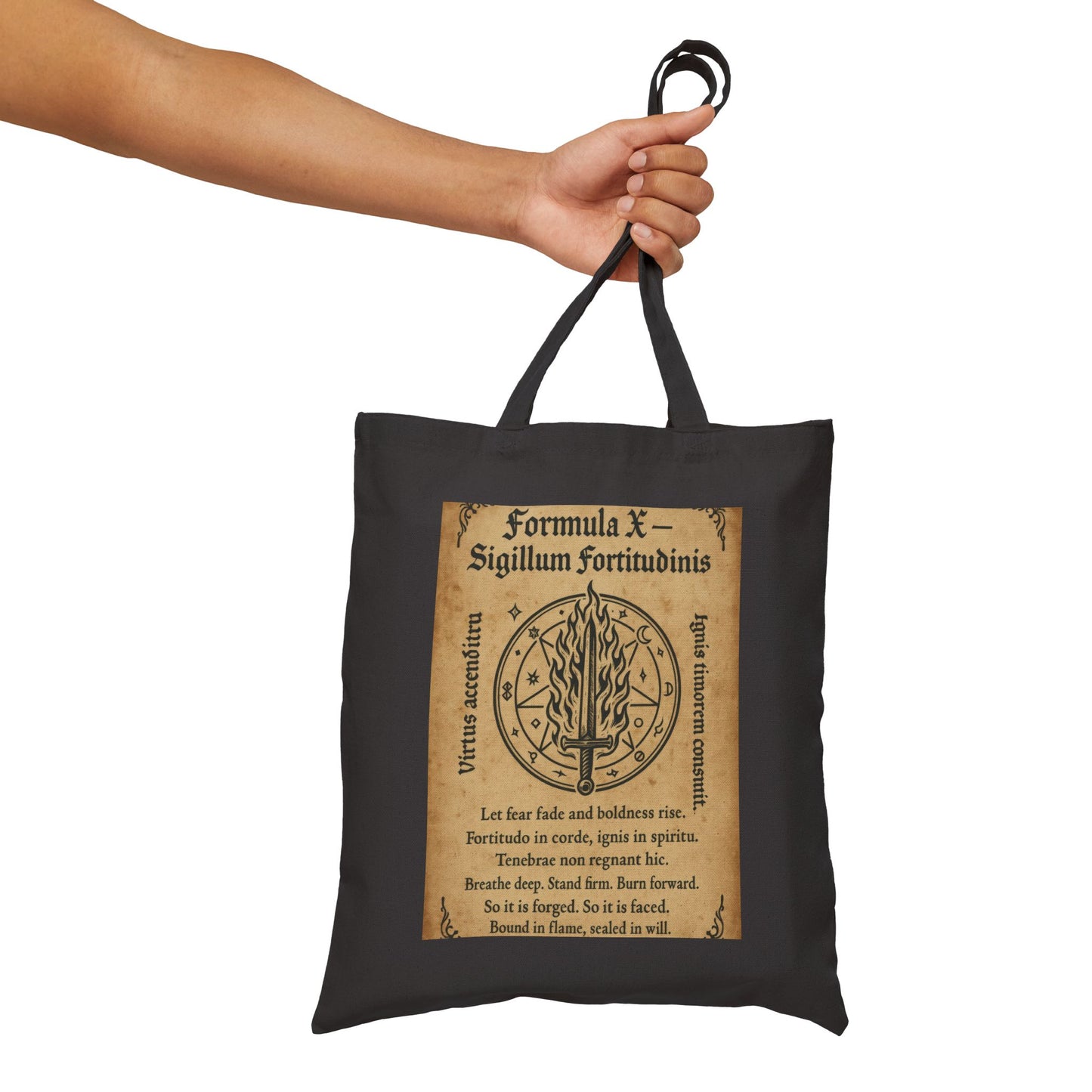 Sigil of Strength Tote Bag, Courage & Flame Symbol, Mystic Sword Ward, Witchy Canvas Bag, Fire Spell Art, Witchy Decor, Mystical Sigil Tote