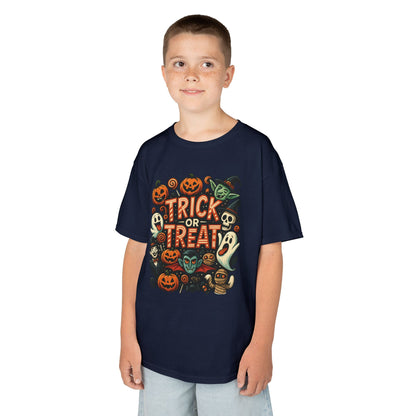 Kids Trick or Treat T-Shirt, Halloween Graphic Tee with Pumpkins, Ghosts & Vampires, Fun Spooky Shirt for Children