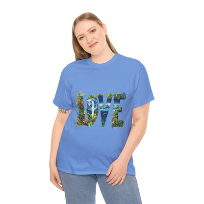 LOVE Nature Art Womens Heavy Cotton Tee, Earth Day Jungle Forest Graphic T-Shirt, Eco Friendly Gift Shirt, Nature-Inspired Love Tee