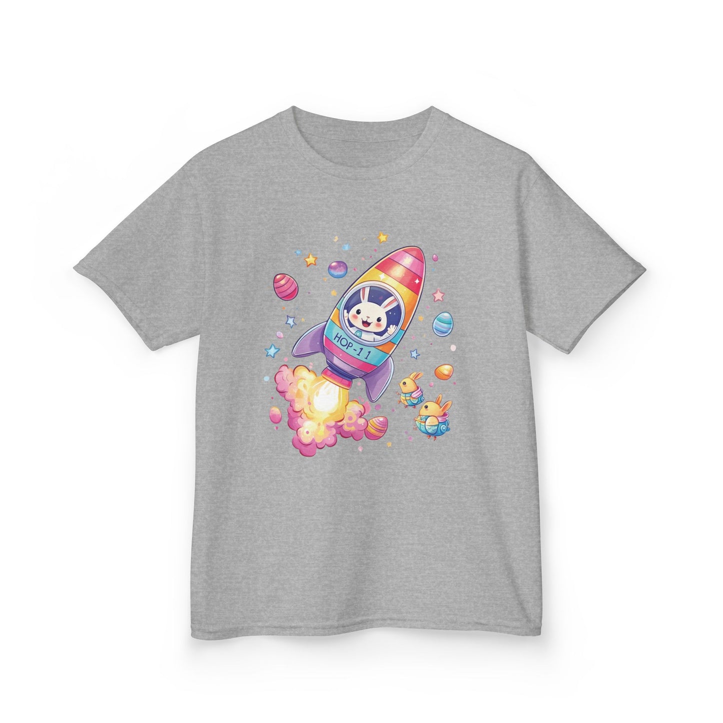 Easter Astronaut Bunny Kids T-Shirt - Cute Space Rocket Bunny with Colorful Eggs, Fun Spring Tee for Boys and Girls, Holiday Gift Idea