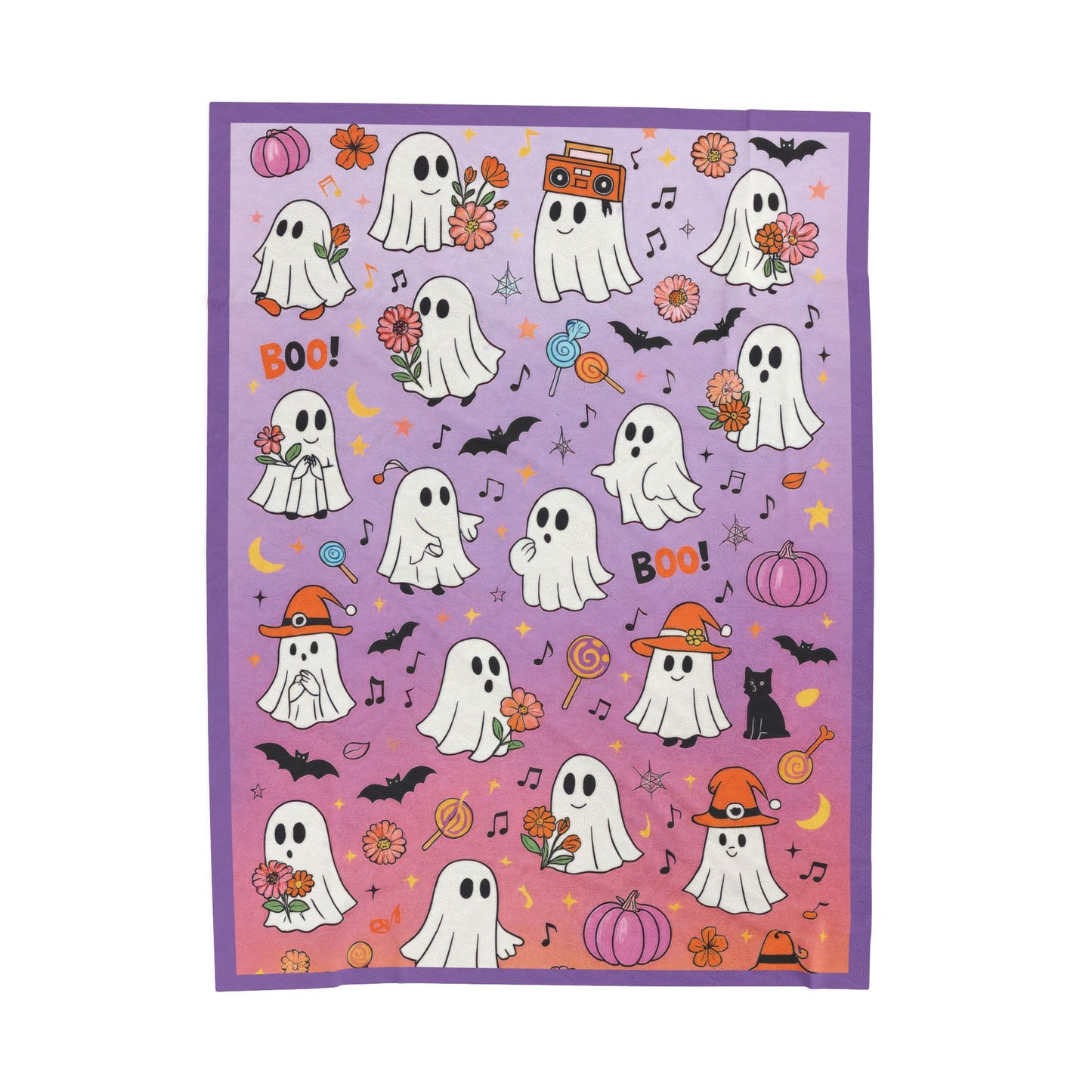 Cute Ghost Halloween Velveteen Plush Blanket for Kids, Purple Ghost and Candy Throw Blanket, Cozy Spooky Fall Blanket, Kawaii Boo Gift