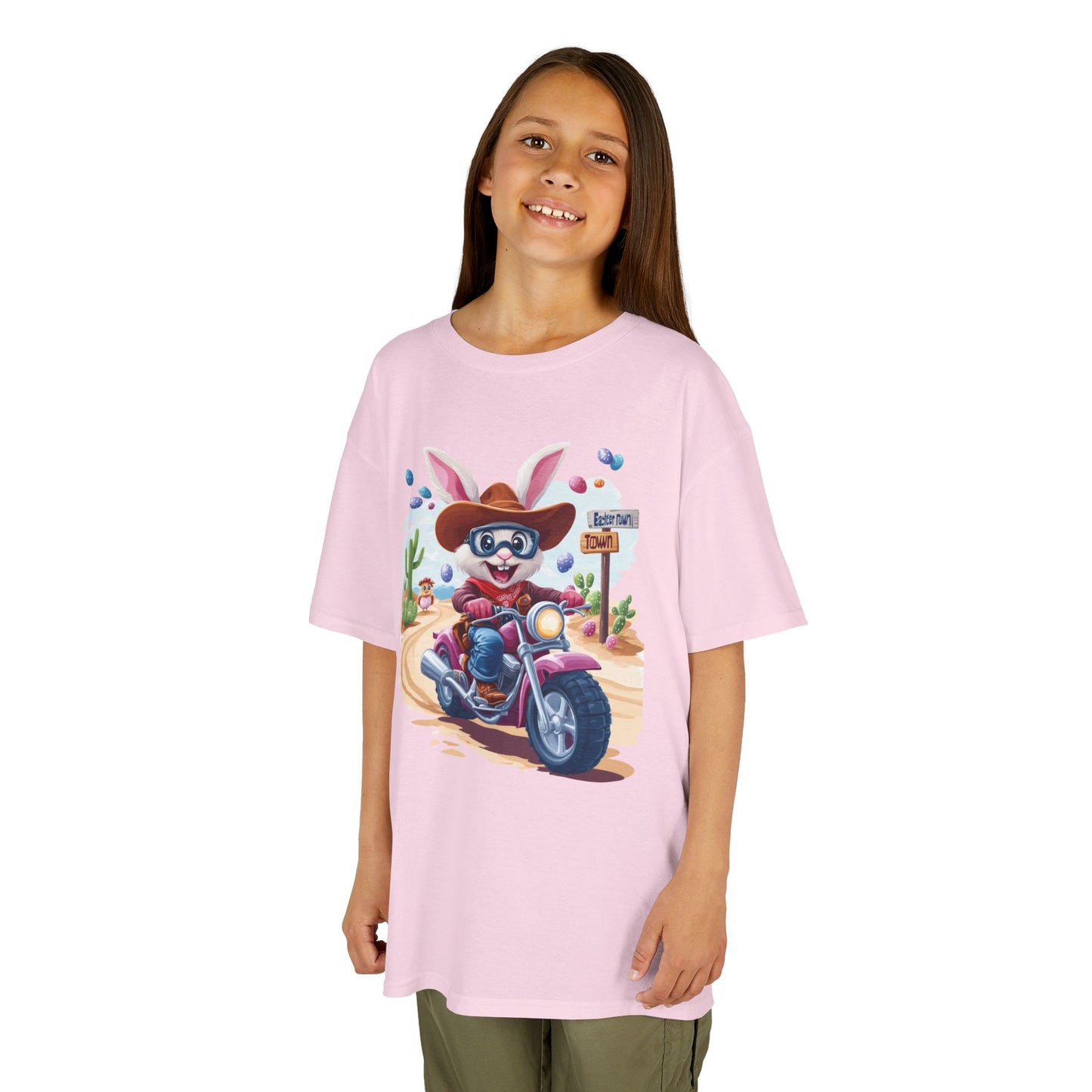 Biker Bunny Kids Tee - Fun Easter Shirt for Boys & Girls, Cute Spring Outfit with Motorcycle Rabbit Heavy Cotton Toddler T-Shirt Bunny Rider