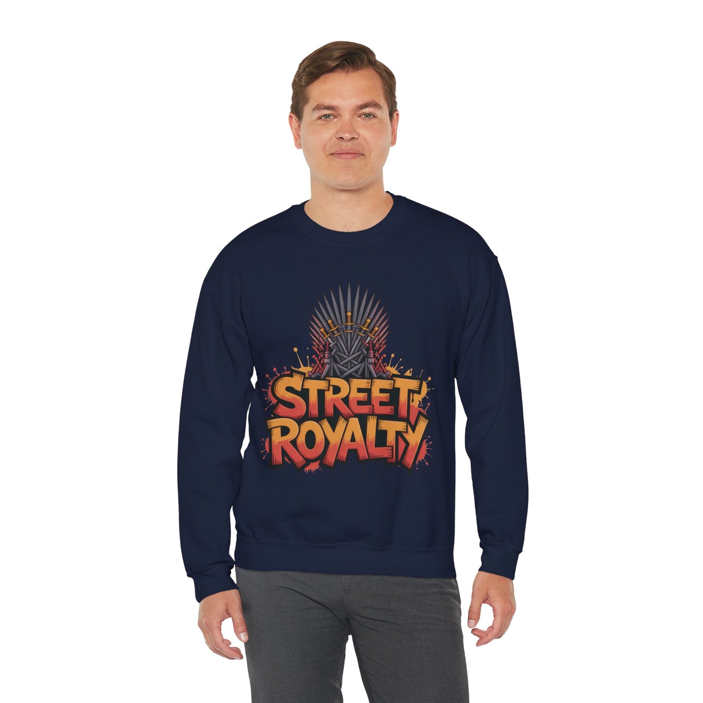 Street Royalty Men's Crewneck Sweatshirt, Graffiti Crown Graphic Pullover, Urban Streetwear Top for Men
