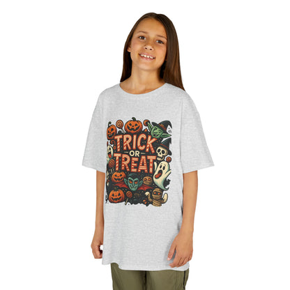 Kids Trick or Treat T-Shirt, Halloween Graphic Tee with Pumpkins, Ghosts & Vampires, Fun Spooky Shirt for Children