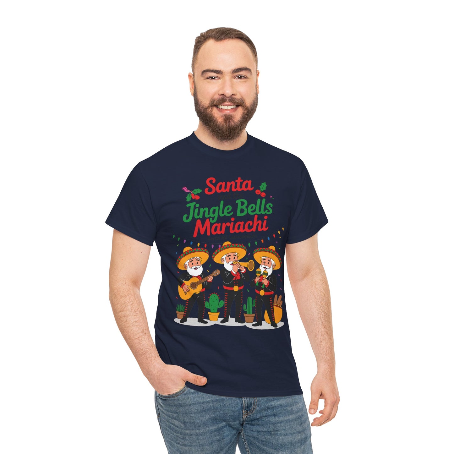 Santa and the Jingle Bells Mariachi, Funny Mexican Christmas T-Shirt, Latin Fiesta Holiday Tee, Navidad Humor Shirt