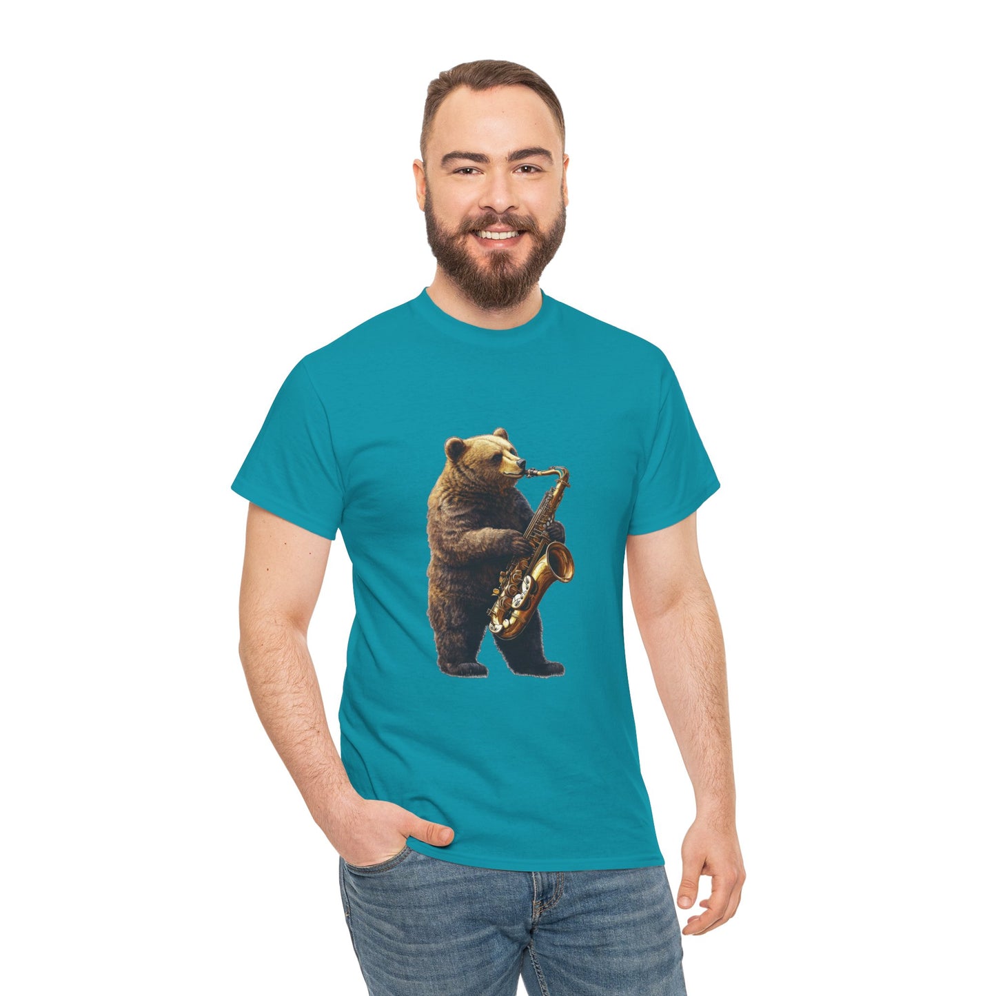 Saxophone Bear Unisex Heavy Cotton Tee, Music Lover Shirt, Gift for Musicians, Cute Animal Tee, Fun Jazz T-Shirt