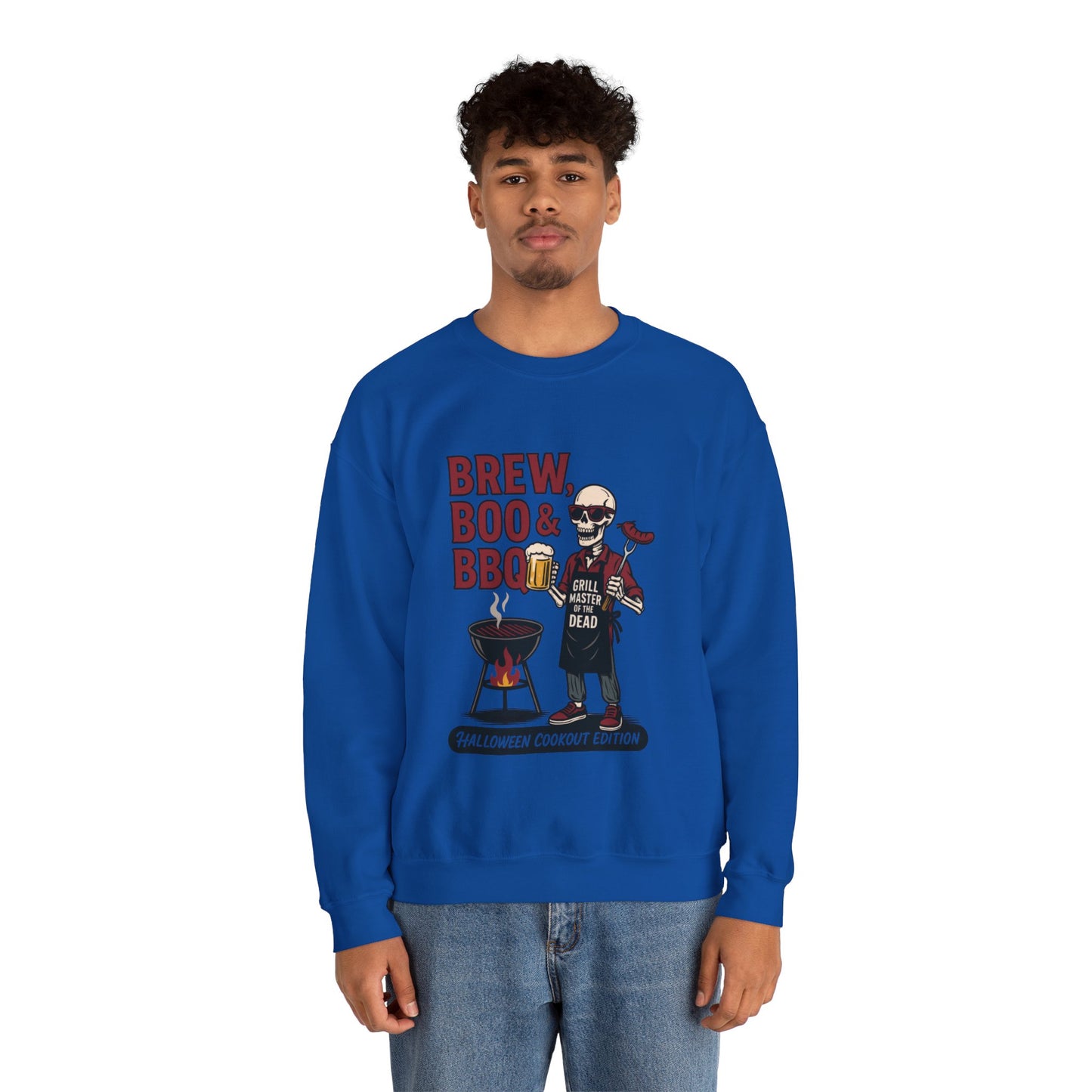 Halloween BBQ Men's Sweatshirt, Brew Boo & BBQ Skeleton Grill Master, Spooky Dad Gift, Skeleton Dad Sweat, Grill Master Crew