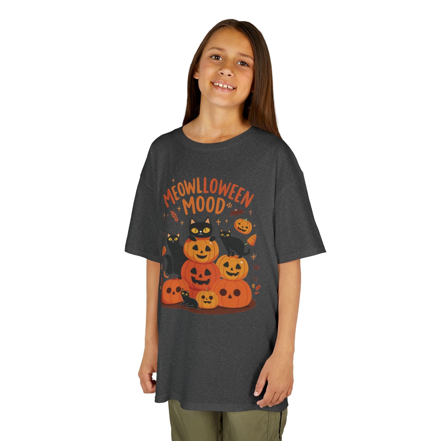 Meowlloween Mood Kids Shirt, Cute Black Cat Halloween T-Shirt for Girls and Boys, Funny Pumpkin Cat Tee, Cozy Fall Cat Lover Gift