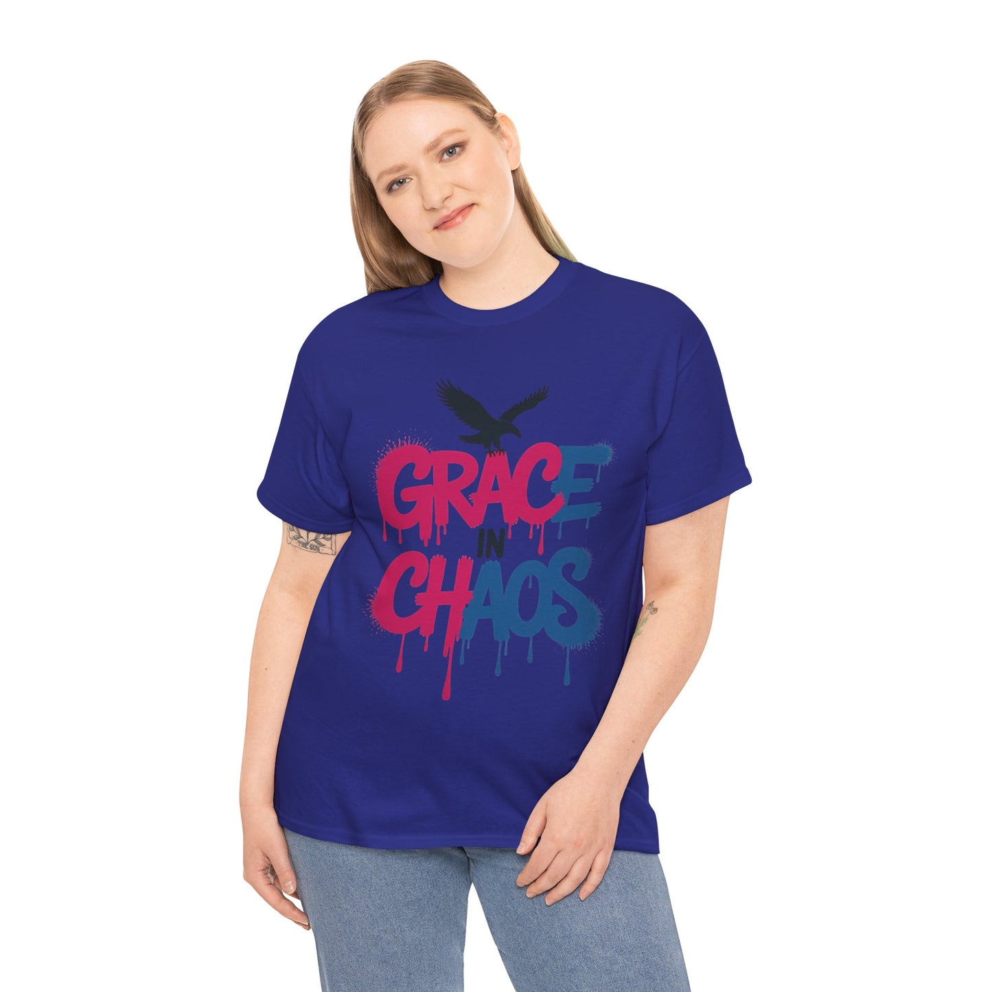Womens Graffiti T-Shirt, Grace in Chaos Dripping Street Art Tee, Bold Urban Graphic Shirt