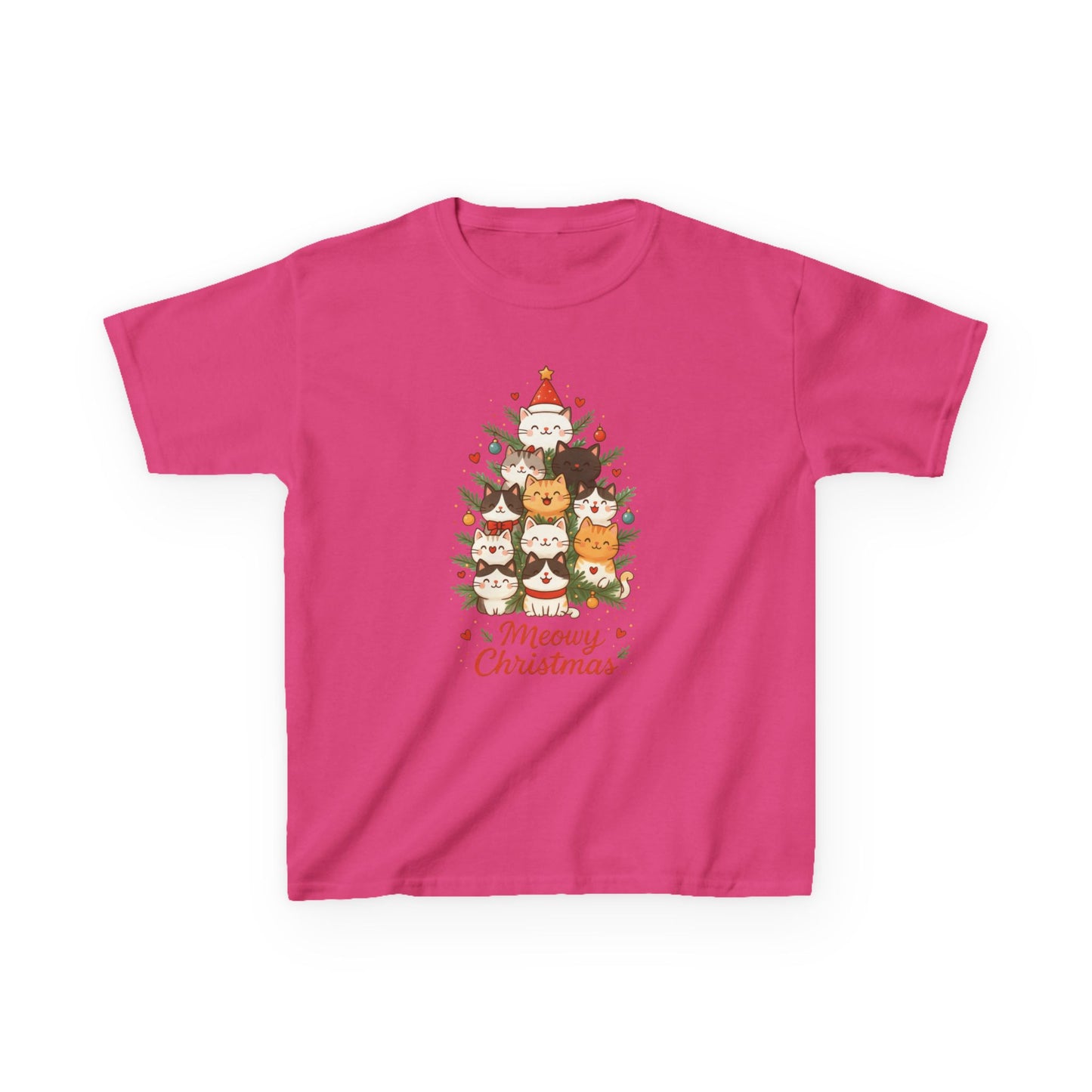 Youth Meowy Christmas Cat T-Shirt, Cute Kids Holiday Kitty Tee