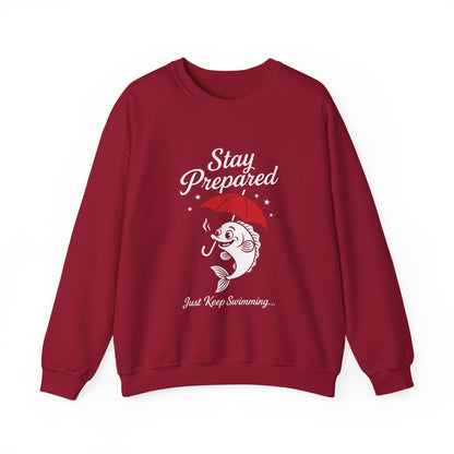 Funny Fish Womens Crewneck Sweatshirt - Stay Prepared Just Keep Swimming Nautical Pullover - Cozy Positive Gift, Fishing Humor