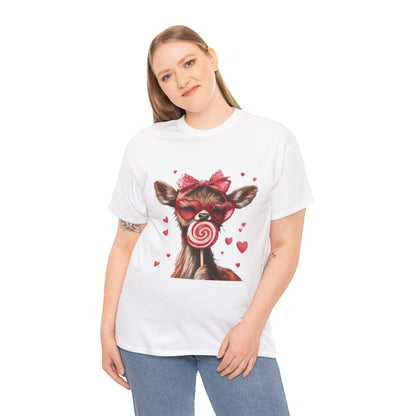 Cute Deer with Heart Glasses and Lollipop, Valentine's Day Heavy Cotton Tee, Fun Animal Love Shirt Gift for Her, Animal Lovers Shirt