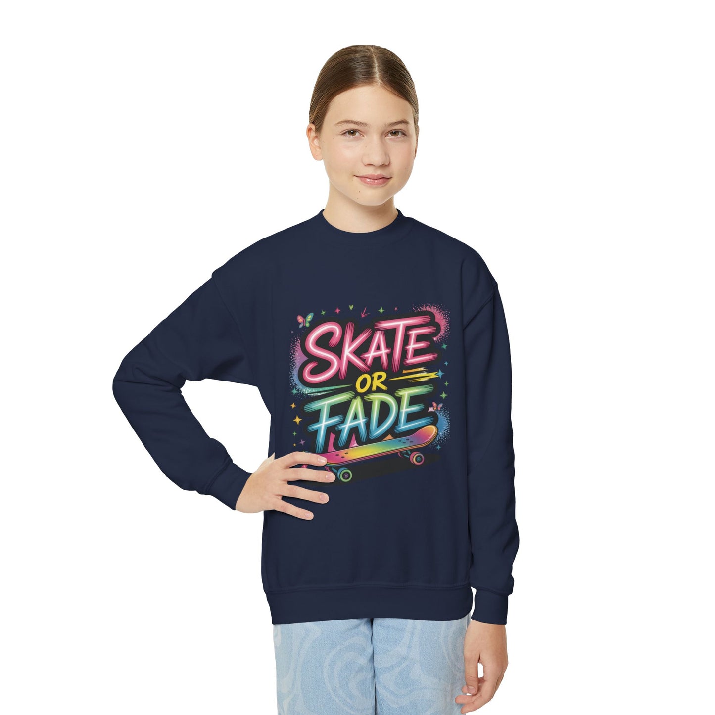 Youth Crewneck Sweatshirt, Skate Or Fade Girls Sweatshirt, Colorful Graffiti Skateboarding Crewneck Sweatshirt, Youth Streetwear Gift